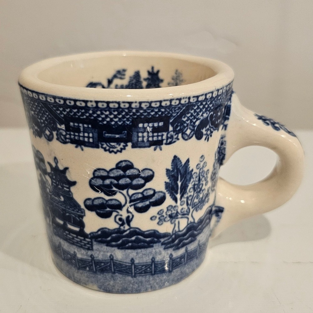 Vintage Japan Flow Blue Willow Coffee Mug Cup Heavy Restaurant Ware Transferware